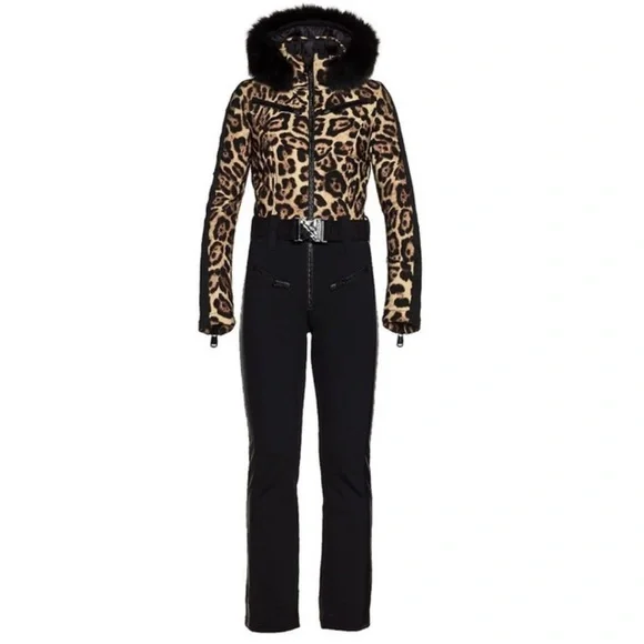 NWT Goldbergh lynx leopard print fur trim down hooded ski suit - Picture 5 of 14
